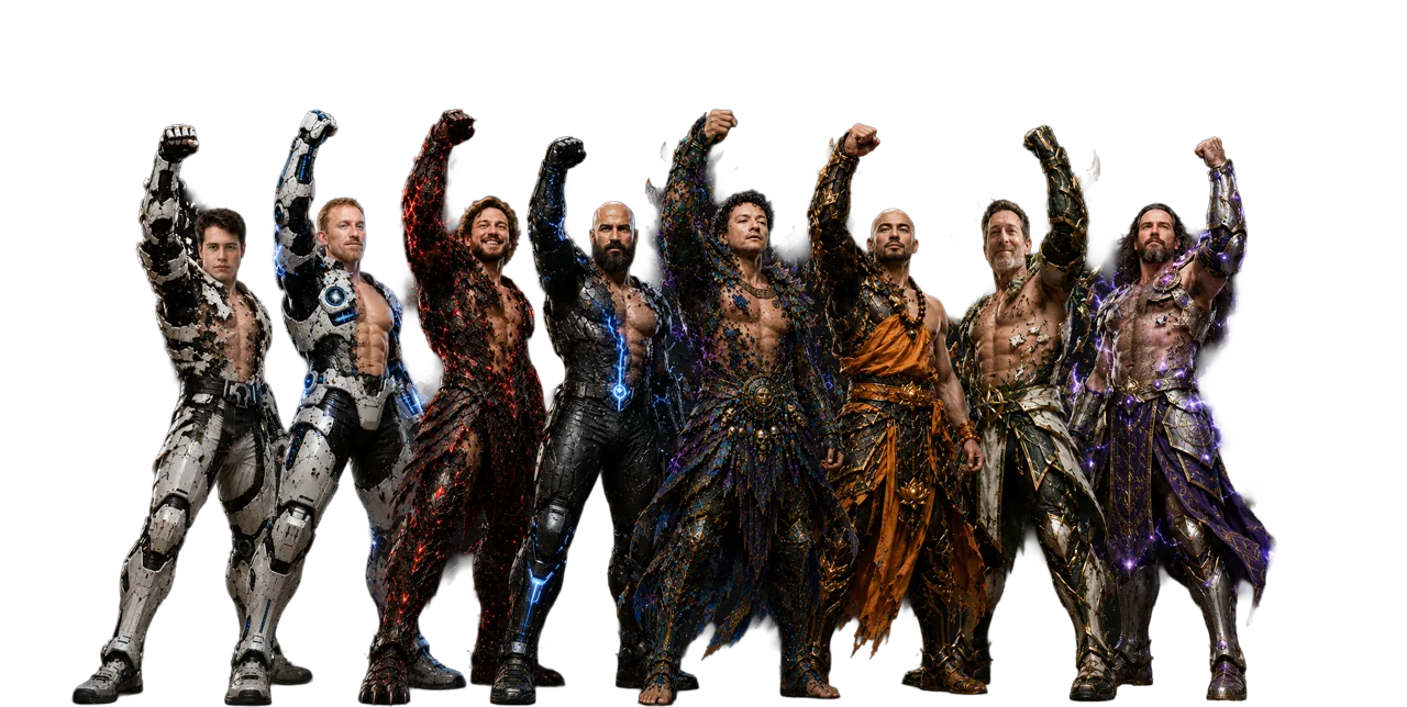 The illustrated Brotherhood gathered in front of Sensei Stan breaking free of his armor