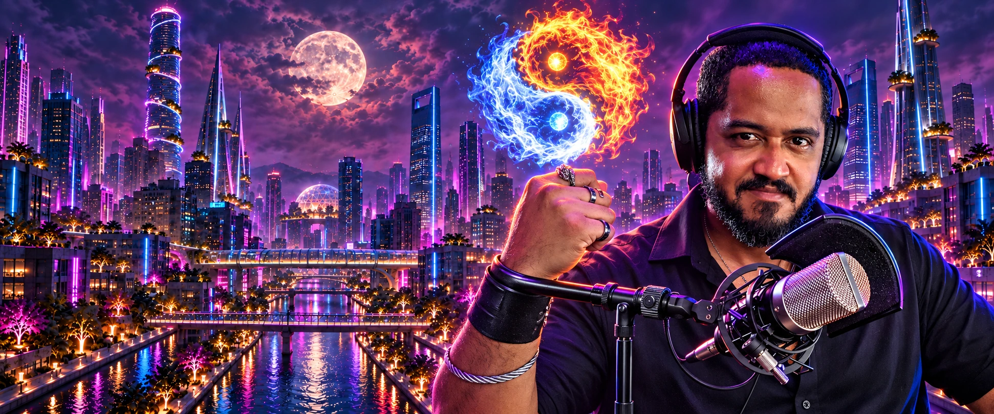 Illustrated Sensei Stan with headphones and microphone in the Tarot city setting